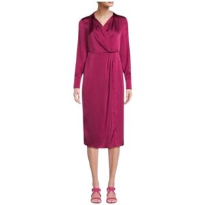 Nicole Miller NWT Faux Wrap Satin Midi Dress Size 12 in Sangria Pink Retail $169